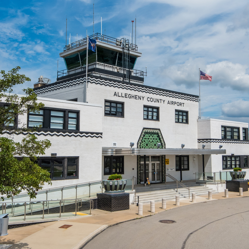Exterior of Allegheny County Airport terminal in Pittsburgh, Pennsylvania